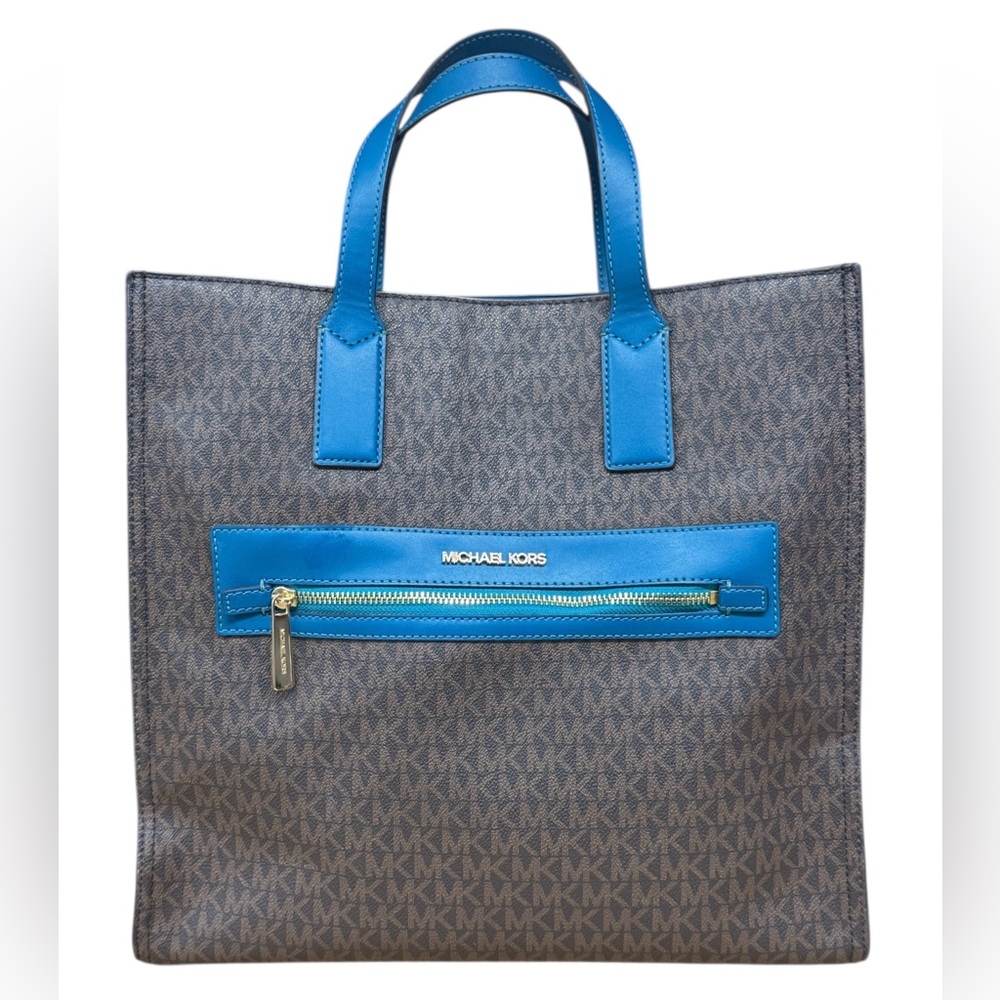 Michael Kors Kenly Brown Blue Lagoon MK Signature Large Tote Shoulder Bag Purse - Picture 5 of 14
